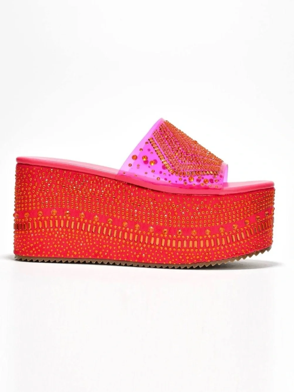 Women’s Platform Slide Sandals in Hot Pink with Crystal Embellishment
